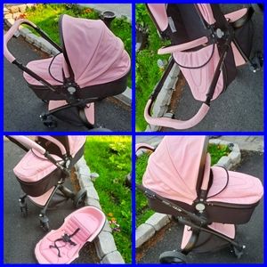 Pink leather baby stroller